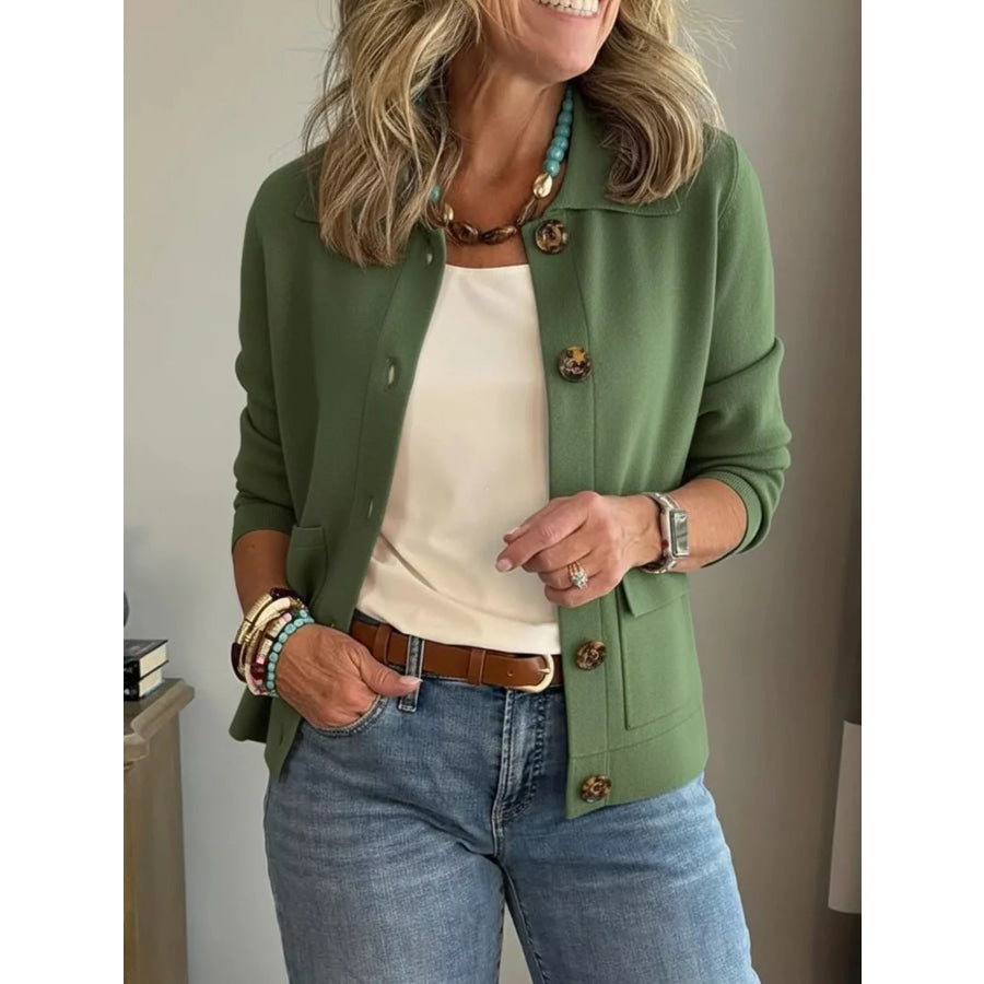 Full Size Long Sleeve Button-Down Outerwear Plus Size Green / XS Apparel and Accessories