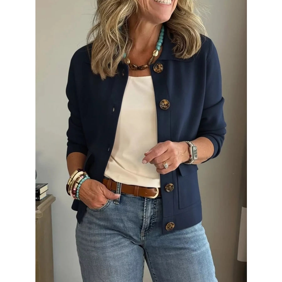 Full Size Long Sleeve Button-Down Outerwear Plus Size Navy / XS Apparel and Accessories