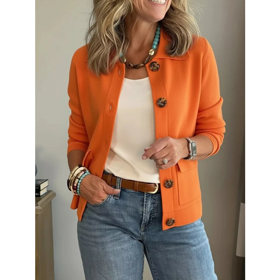 Full Size Long Sleeve Button-Down Outerwear Plus Size Orange / XS Apparel and Accessories