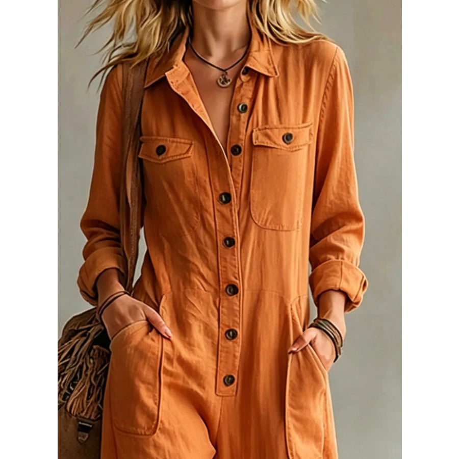 Full Size Long Sleeve Button Front Jumpsuit Plus Apparel and Accessories