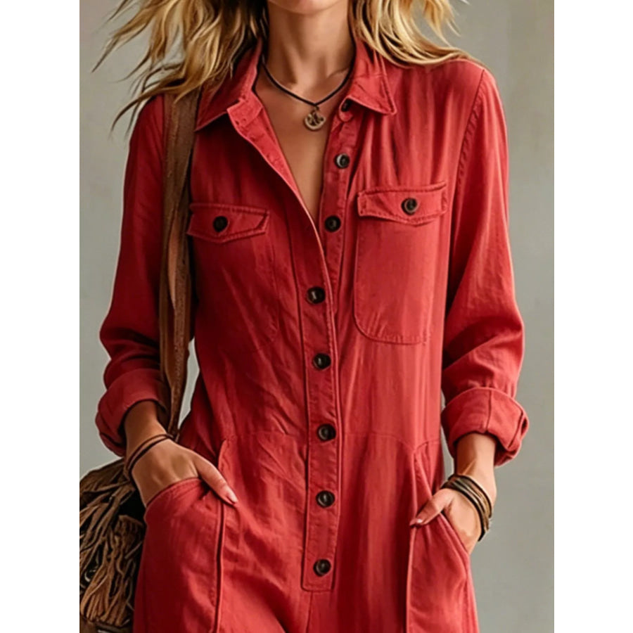 Full Size Long Sleeve Button Front Jumpsuit Plus Apparel and Accessories