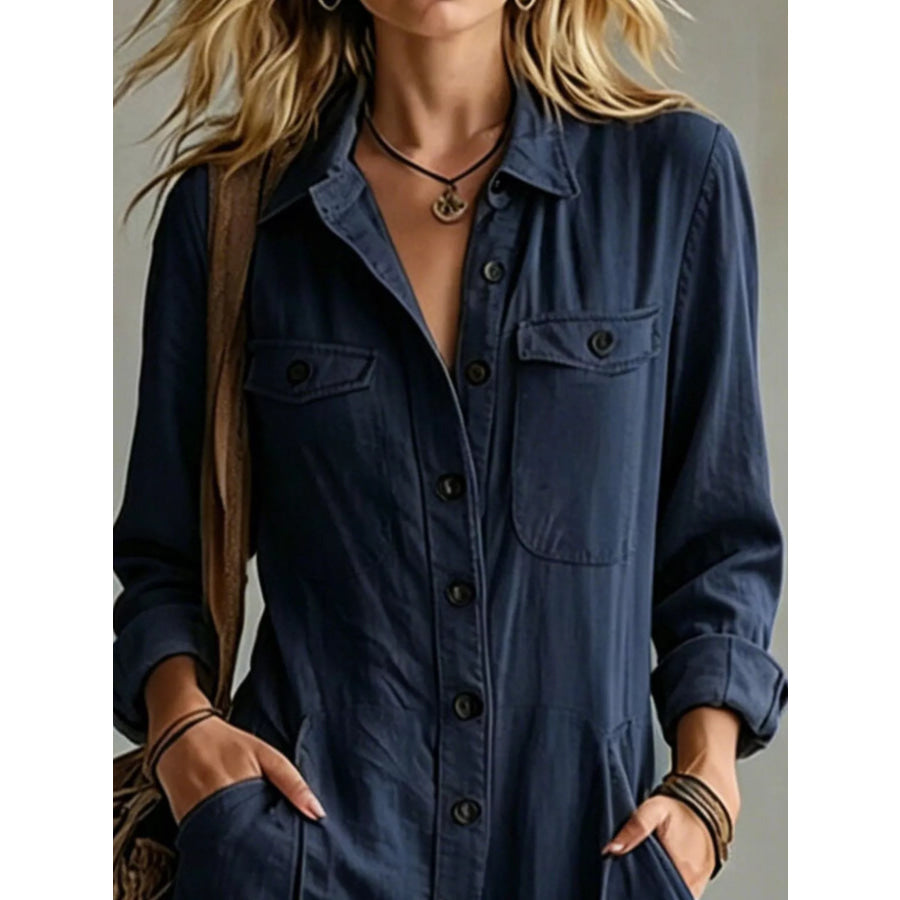 Full Size Long Sleeve Button Front Jumpsuit Plus Apparel and Accessories