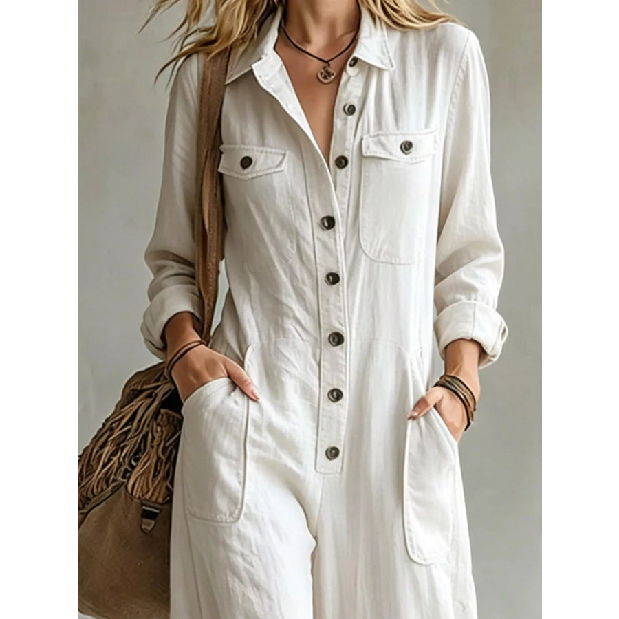 Full Size Long Sleeve Button Front Jumpsuit Plus Apparel and Accessories