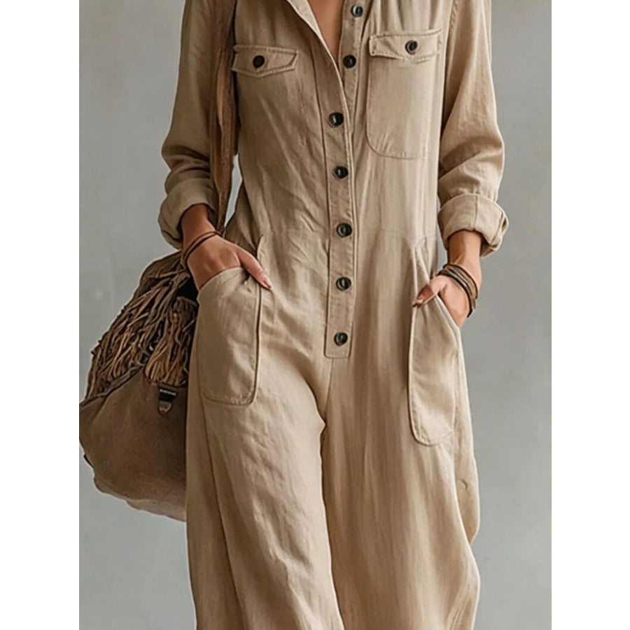 Full Size Long Sleeve Button Front Jumpsuit Plus Apparel and Accessories