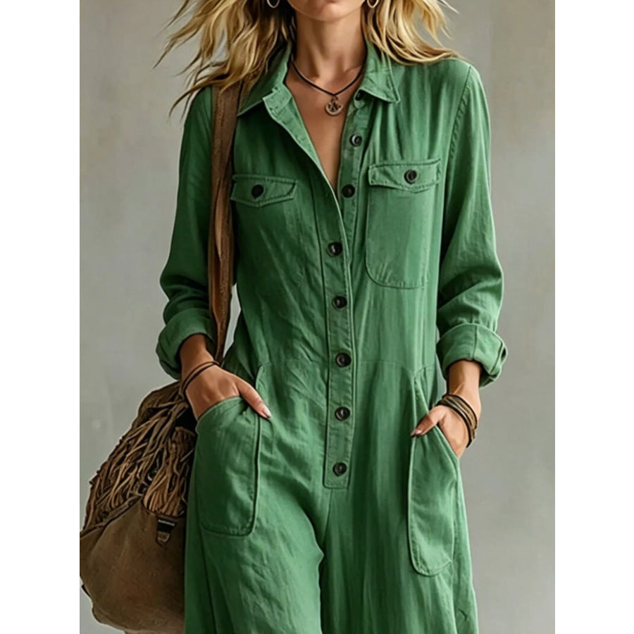 Full Size Long Sleeve Button Front Jumpsuit Plus Apparel and Accessories
