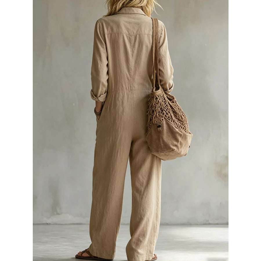 Full Size Long Sleeve Button Front Jumpsuit Plus Apparel and Accessories