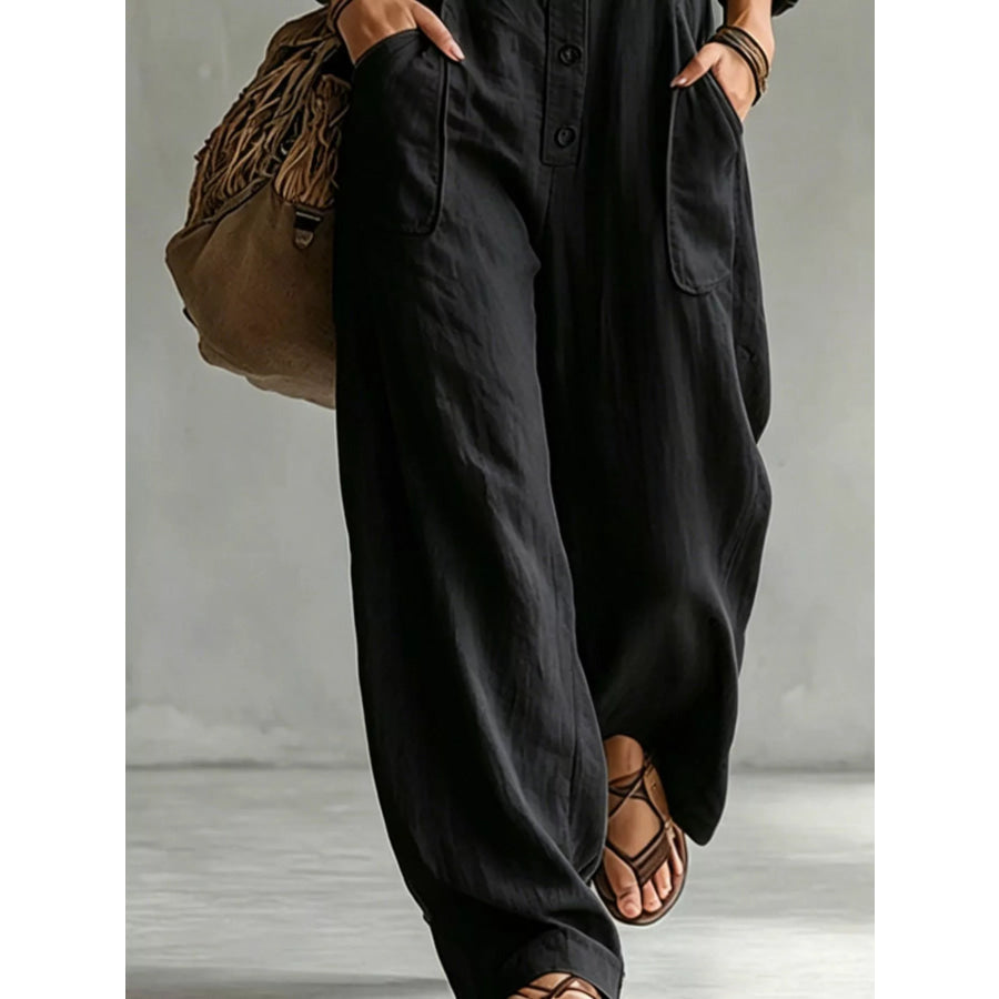 Full Size Long Sleeve Button Front Jumpsuit Plus Apparel and Accessories