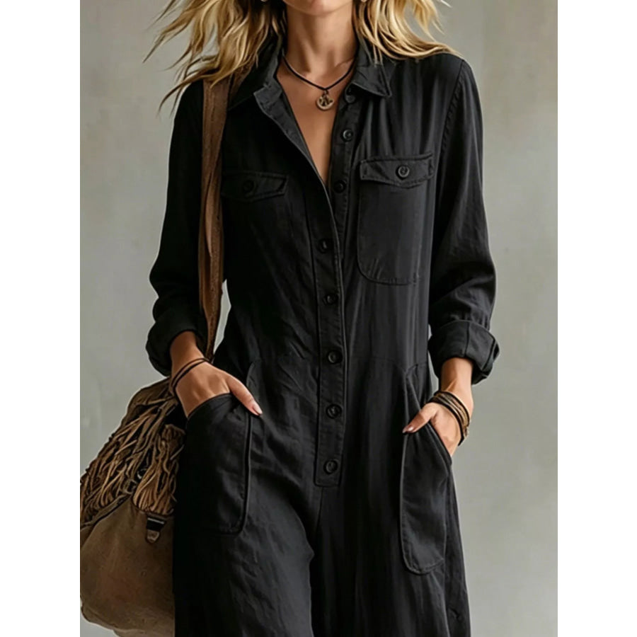 Full Size Long Sleeve Button Front Jumpsuit Plus Apparel and Accessories