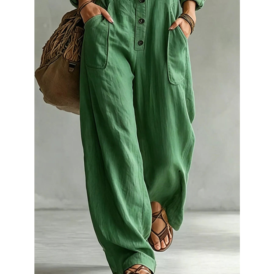 Full Size Long Sleeve Button Front Jumpsuit Plus Apparel and Accessories