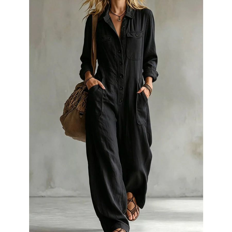 Full Size Long Sleeve Button Front Jumpsuit Plus Black / S Apparel and Accessories