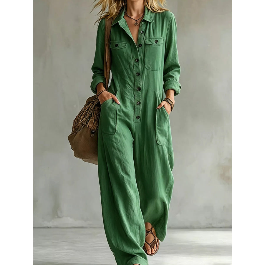 Full Size Long Sleeve Button Front Jumpsuit Plus Green / S Apparel and Accessories