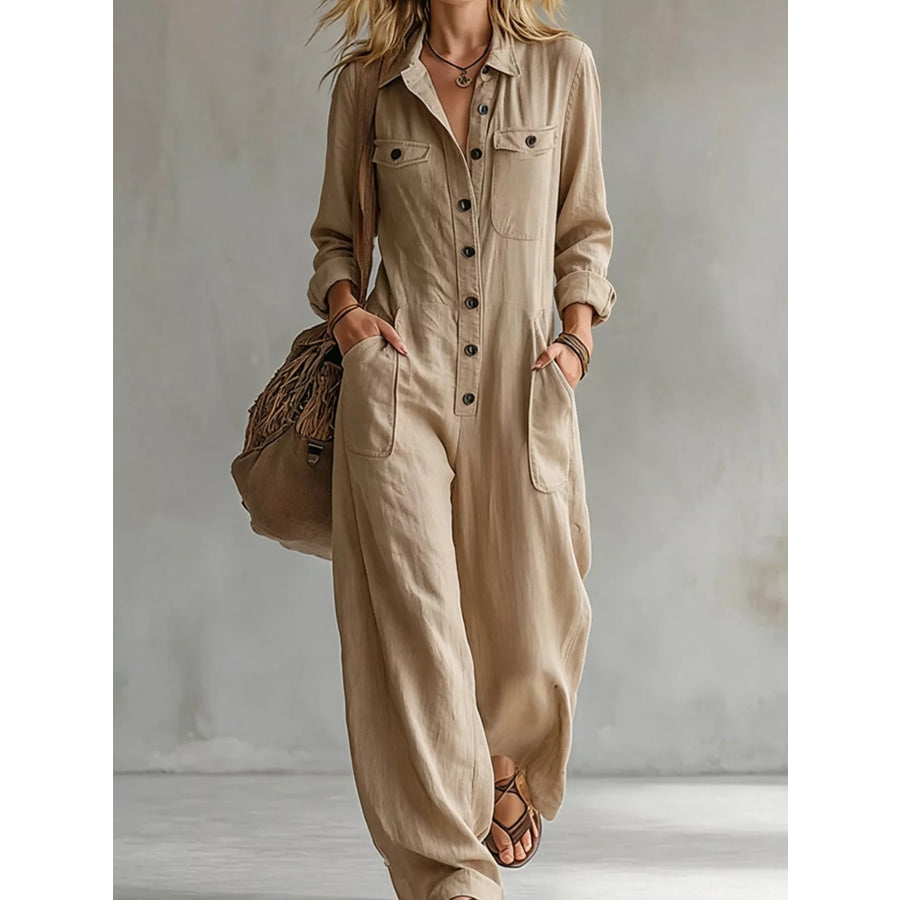 Full Size Long Sleeve Button Front Jumpsuit Plus Khaki / S Apparel and Accessories