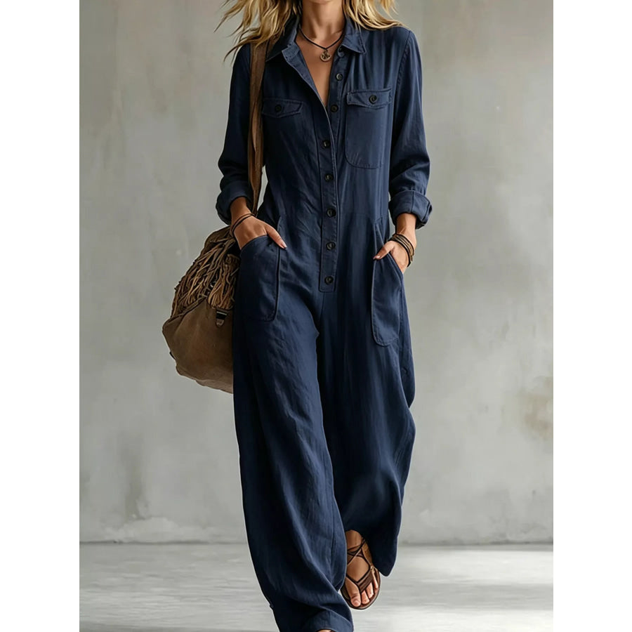 Full Size Long Sleeve Button Front Jumpsuit Plus Navy / S Apparel and Accessories