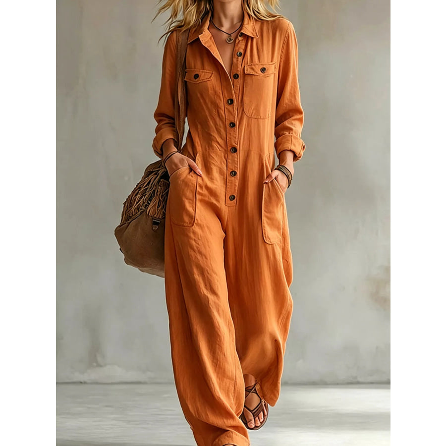Full Size Long Sleeve Button Front Jumpsuit Plus Orange-red / S Apparel and Accessories