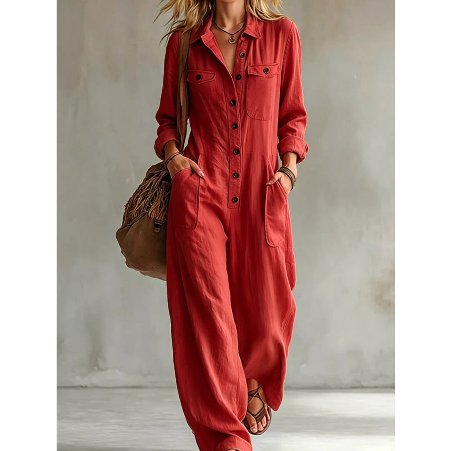 Full Size Long Sleeve Button Front Jumpsuit Plus Red / S Apparel and Accessories