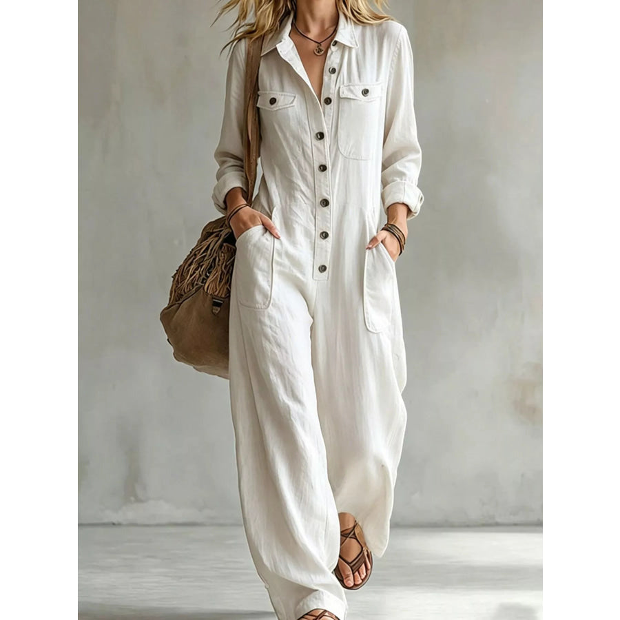 Full Size Long Sleeve Button Front Jumpsuit Plus White / S Apparel and Accessories