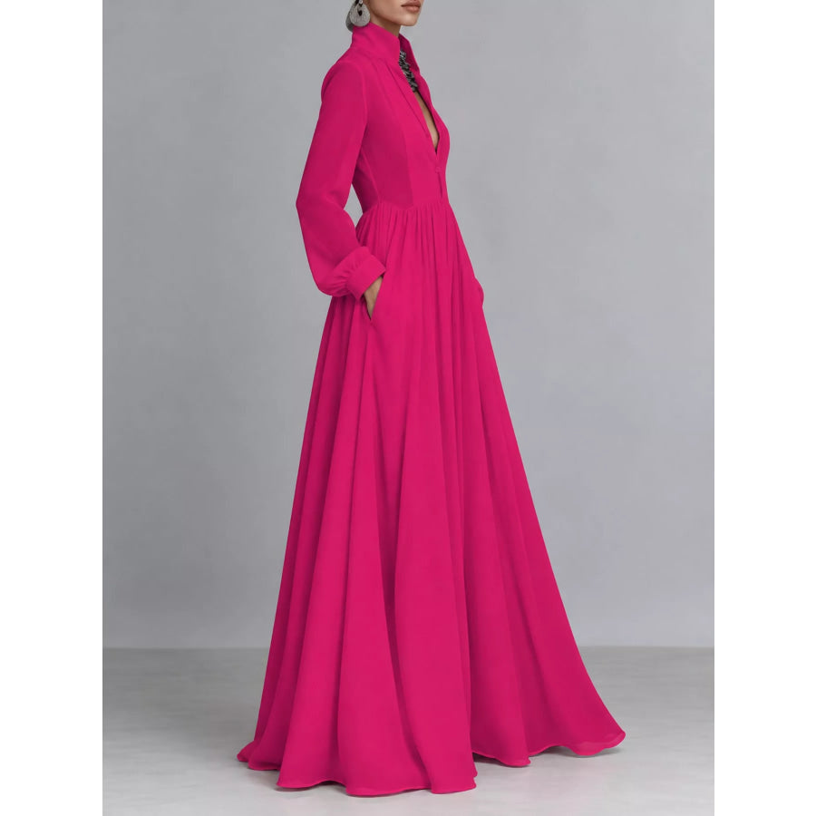 Full Size Long-Sleeve Button Front Maxi Dress Plus Apparel and Accessories
