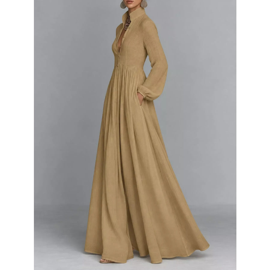 Full Size Long-Sleeve Button Front Maxi Dress Plus Apparel and Accessories