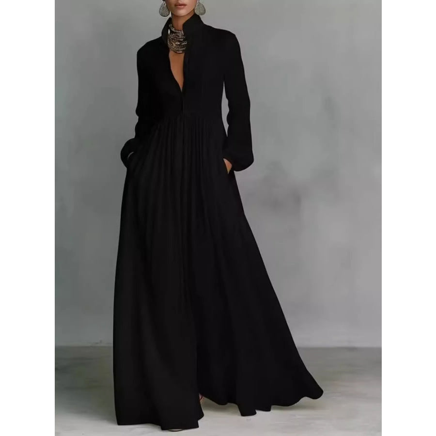 Full Size Long-Sleeve Button Front Maxi Dress Plus Black / S Apparel and Accessories