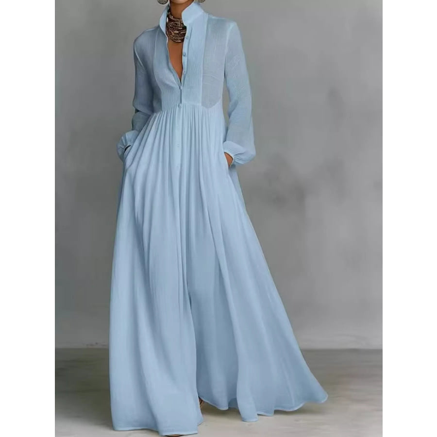 Full Size Long-Sleeve Button Front Maxi Dress Plus Blue / S Apparel and Accessories