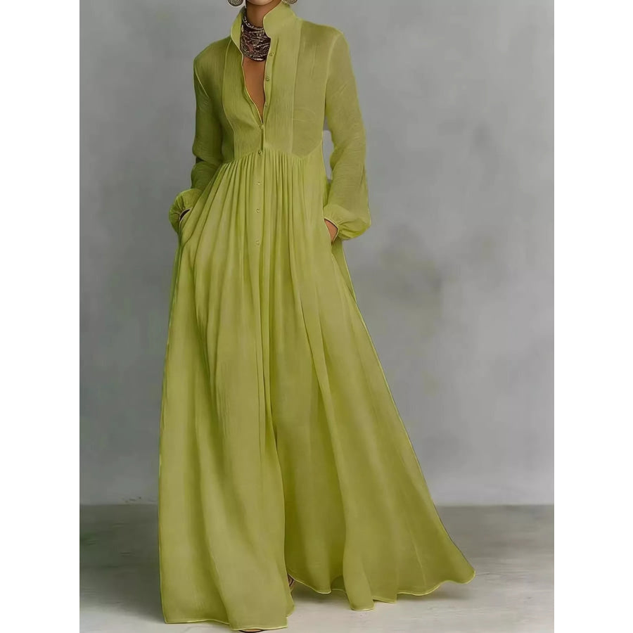 Full Size Long-Sleeve Button Front Maxi Dress Plus Green / S Apparel and Accessories
