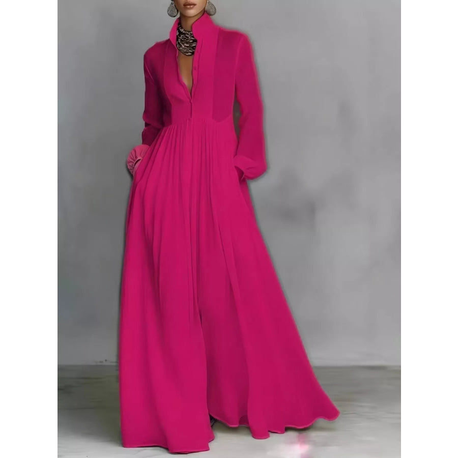 Full Size Long-Sleeve Button Front Maxi Dress Plus Hot Pink / S Apparel and Accessories