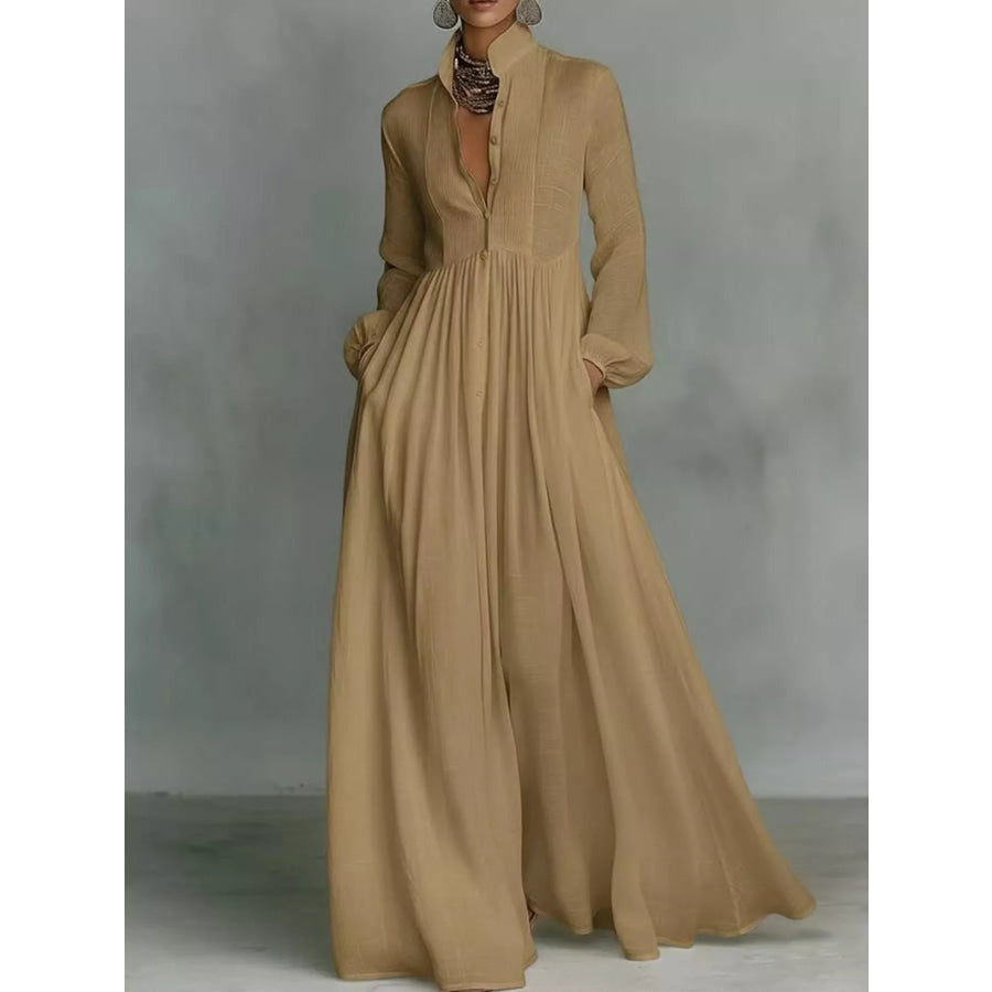 Full Size Long-Sleeve Button Front Maxi Dress Plus Khaki / S Apparel and Accessories