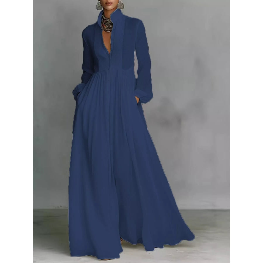 Full Size Long-Sleeve Button Front Maxi Dress Plus Navy / S Apparel and Accessories