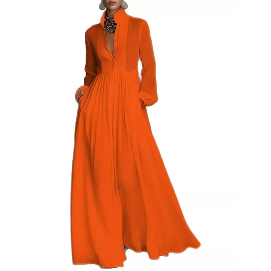 Full Size Long-Sleeve Button Front Maxi Dress Plus Orange Red / S Apparel and Accessories