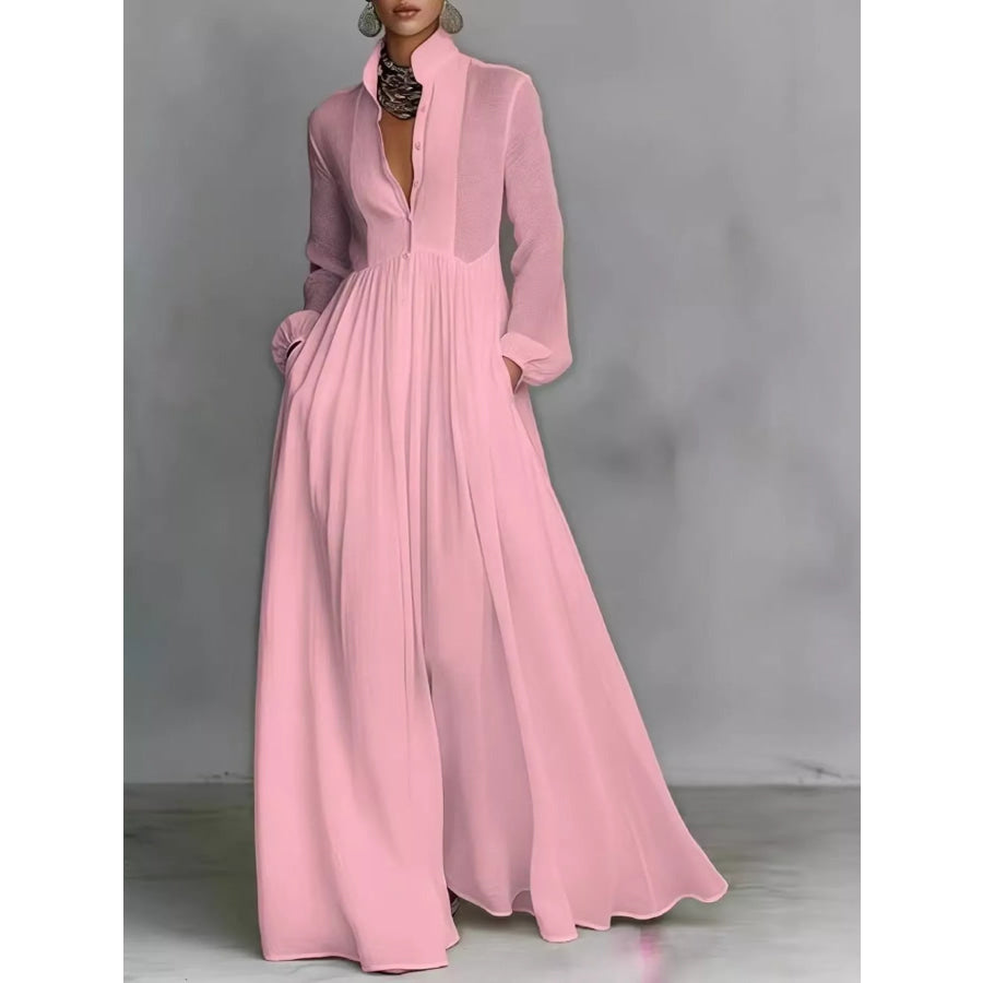 Full Size Long-Sleeve Button Front Maxi Dress Plus Pink / S Apparel and Accessories