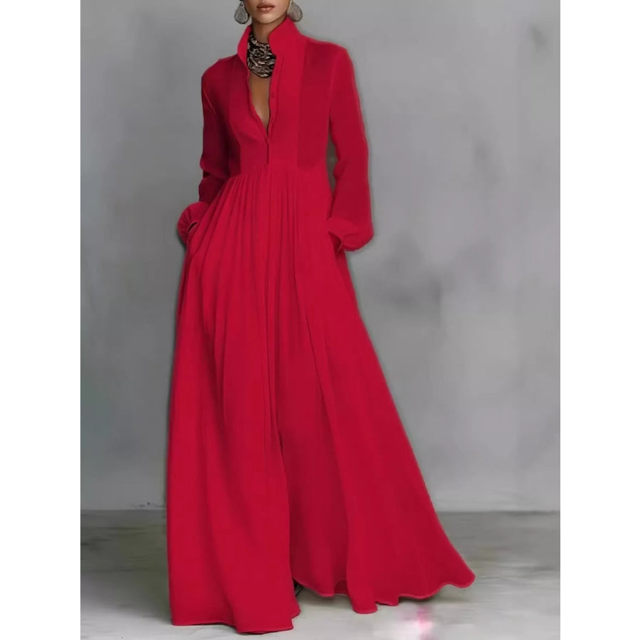 Full Size Long-Sleeve Button Front Maxi Dress Plus Red / S Apparel and Accessories