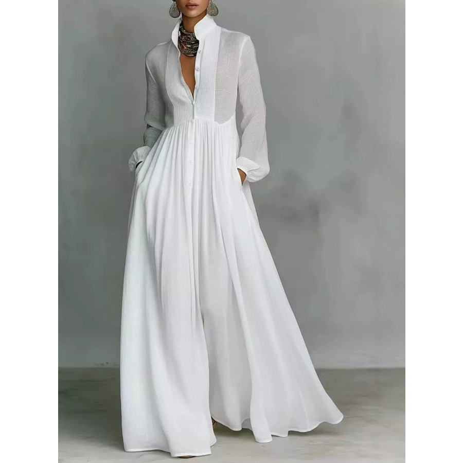 Full Size Long-Sleeve Button Front Maxi Dress Plus White / S Apparel and Accessories