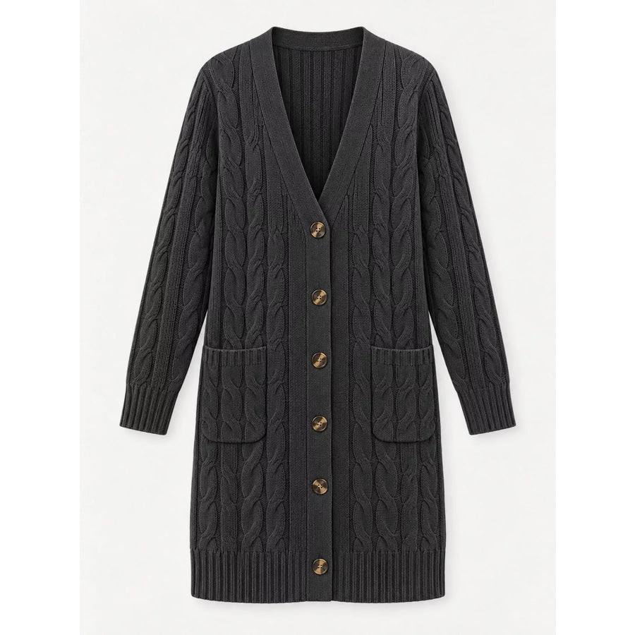 Full Size Long Sleeve Cable Knit Button-Down Cardigan with Pockets Plus Apparel and Accessories