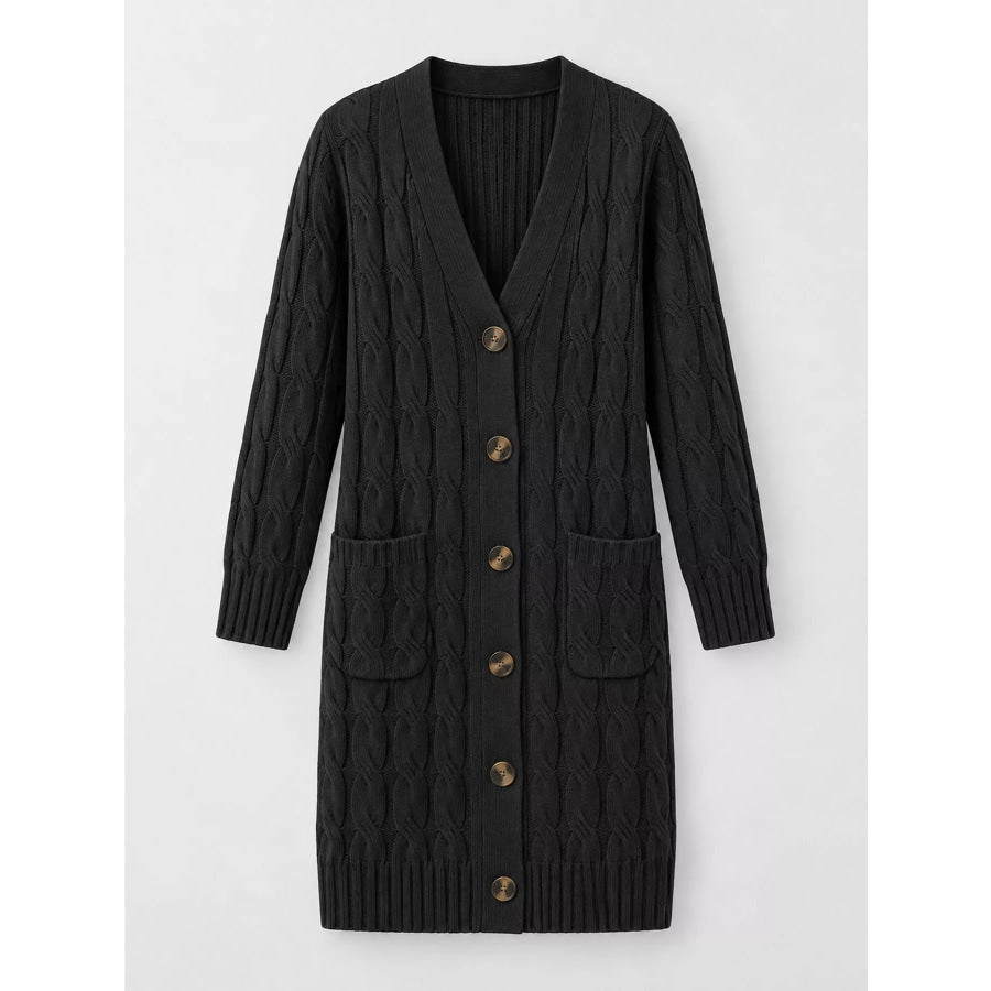 Full Size Long Sleeve Cable Knit Button-Down Cardigan with Pockets Plus Apparel and Accessories