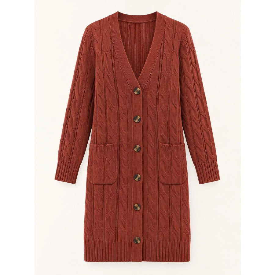 Full Size Long Sleeve Cable Knit Button-Down Cardigan with Pockets Plus Apparel and Accessories
