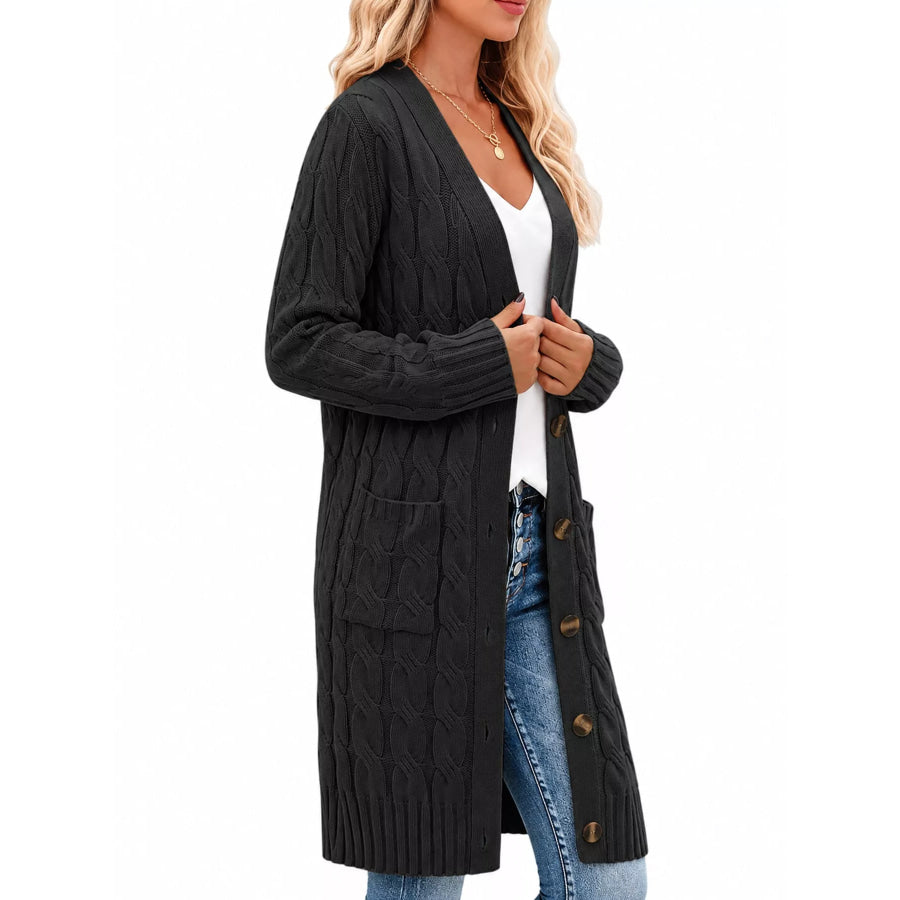 Full Size Long Sleeve Cable Knit Button-Down Cardigan with Pockets Plus Apparel and Accessories