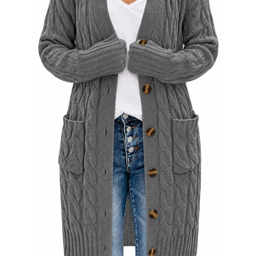 Full Size Long Sleeve Cable Knit Button-Down Cardigan with Pockets Plus Apparel and Accessories