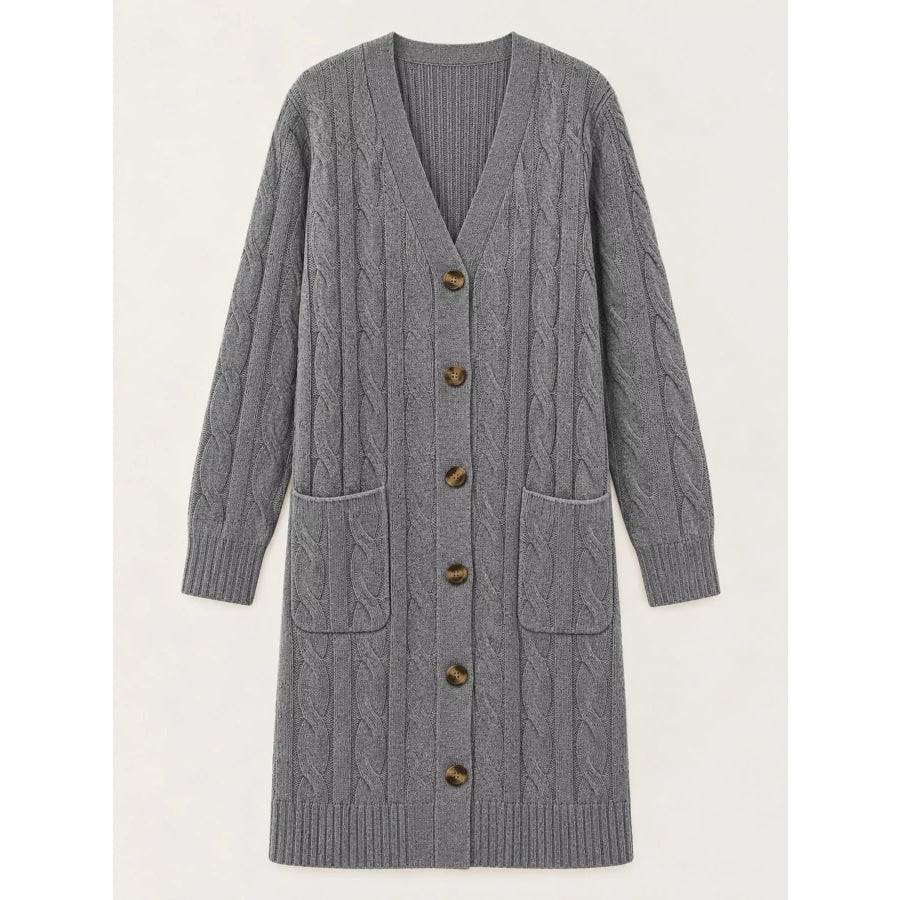 Full Size Long Sleeve Cable Knit Button-Down Cardigan with Pockets Plus Apparel and Accessories