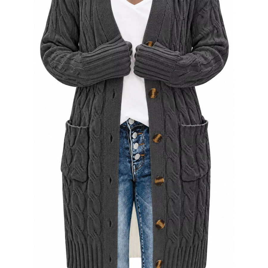 Full Size Long Sleeve Cable Knit Button-Down Cardigan with Pockets Plus Apparel and Accessories