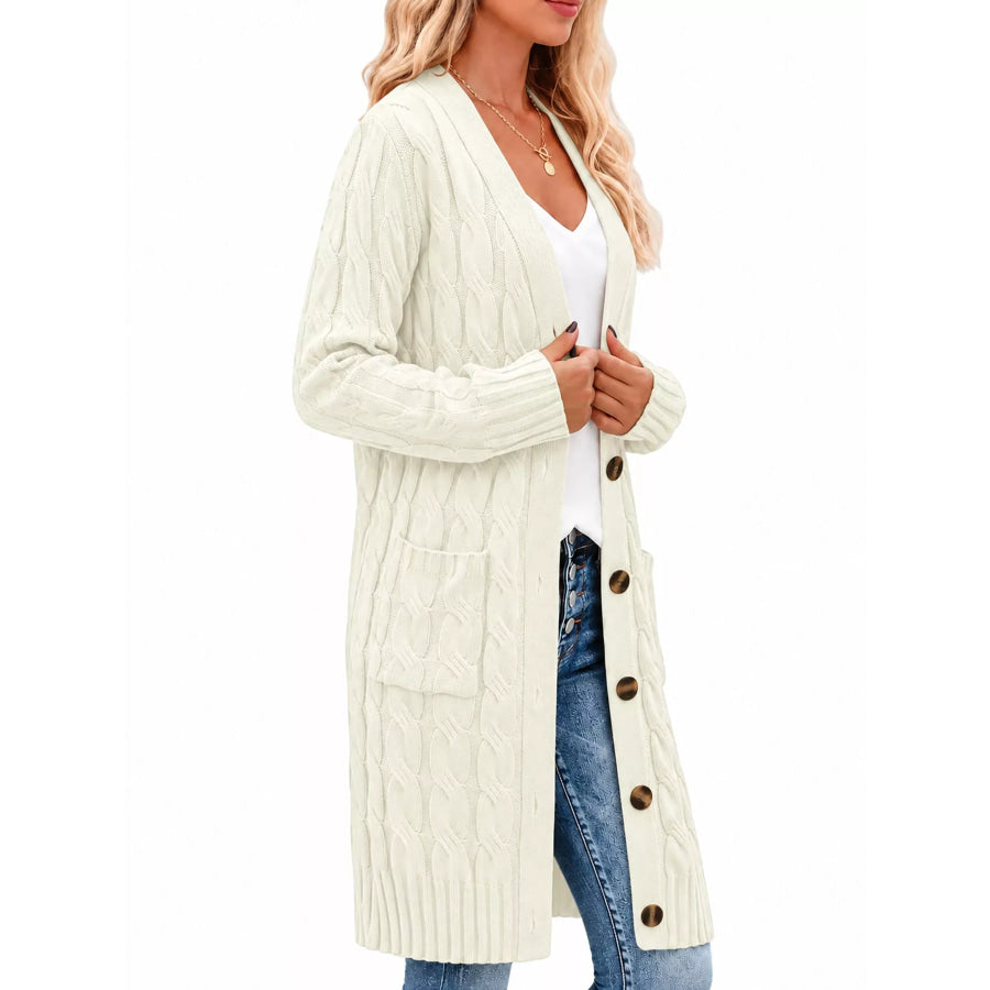 Full Size Long Sleeve Cable Knit Button-Down Cardigan with Pockets Plus Apparel and Accessories