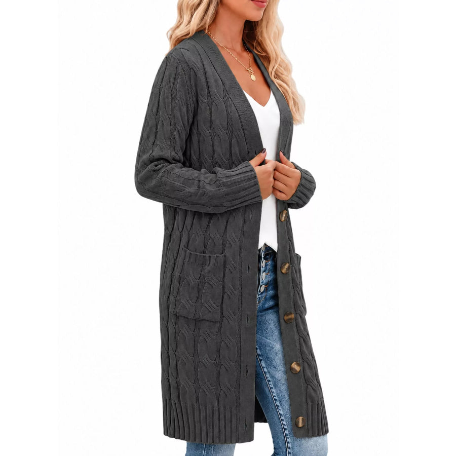 Full Size Long Sleeve Cable Knit Button-Down Cardigan with Pockets Plus Apparel and Accessories