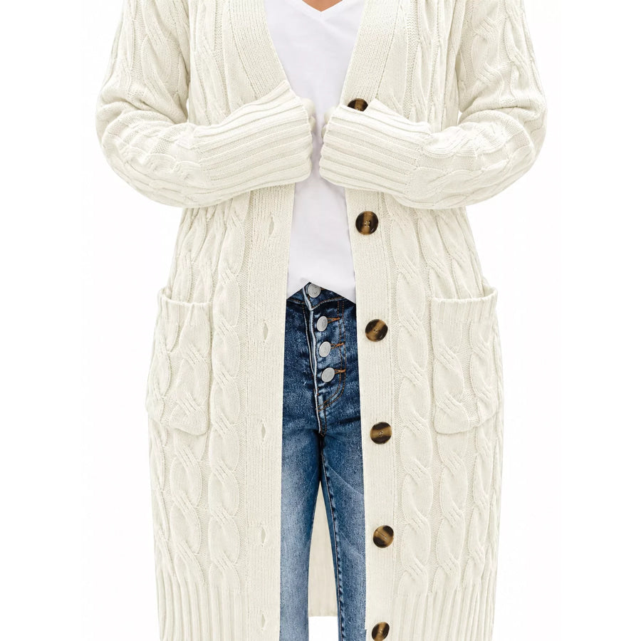 Full Size Long Sleeve Cable Knit Button-Down Cardigan with Pockets Plus Apparel and Accessories
