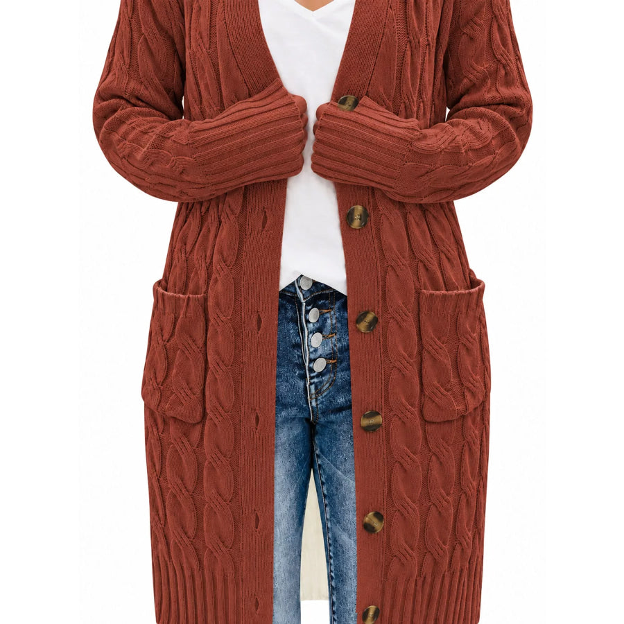 Full Size Long Sleeve Cable Knit Button-Down Cardigan with Pockets Plus Apparel and Accessories