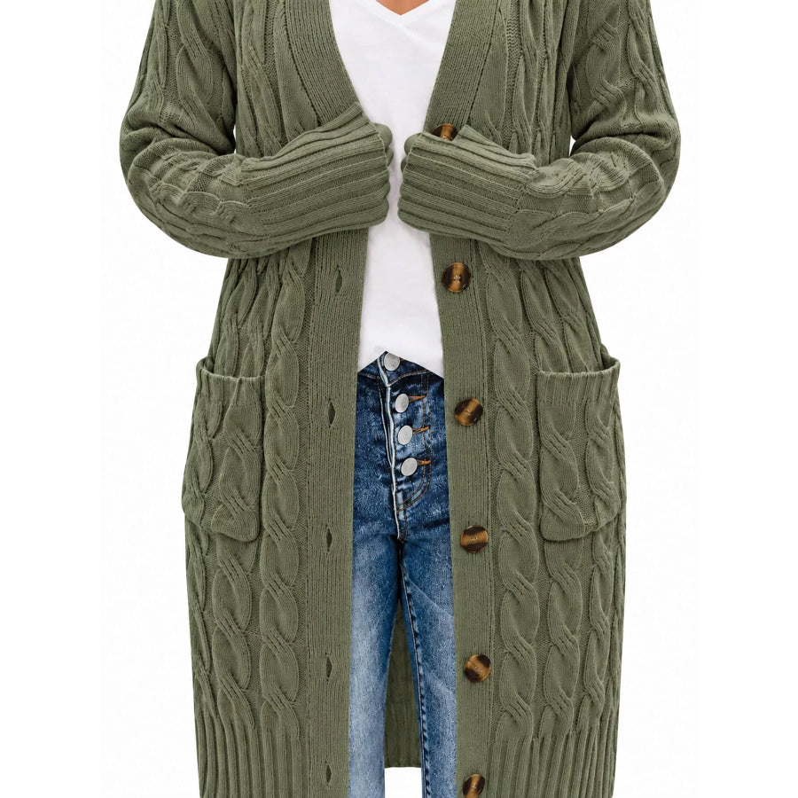 Full Size Long Sleeve Cable Knit Button-Down Cardigan with Pockets Plus Apparel and Accessories