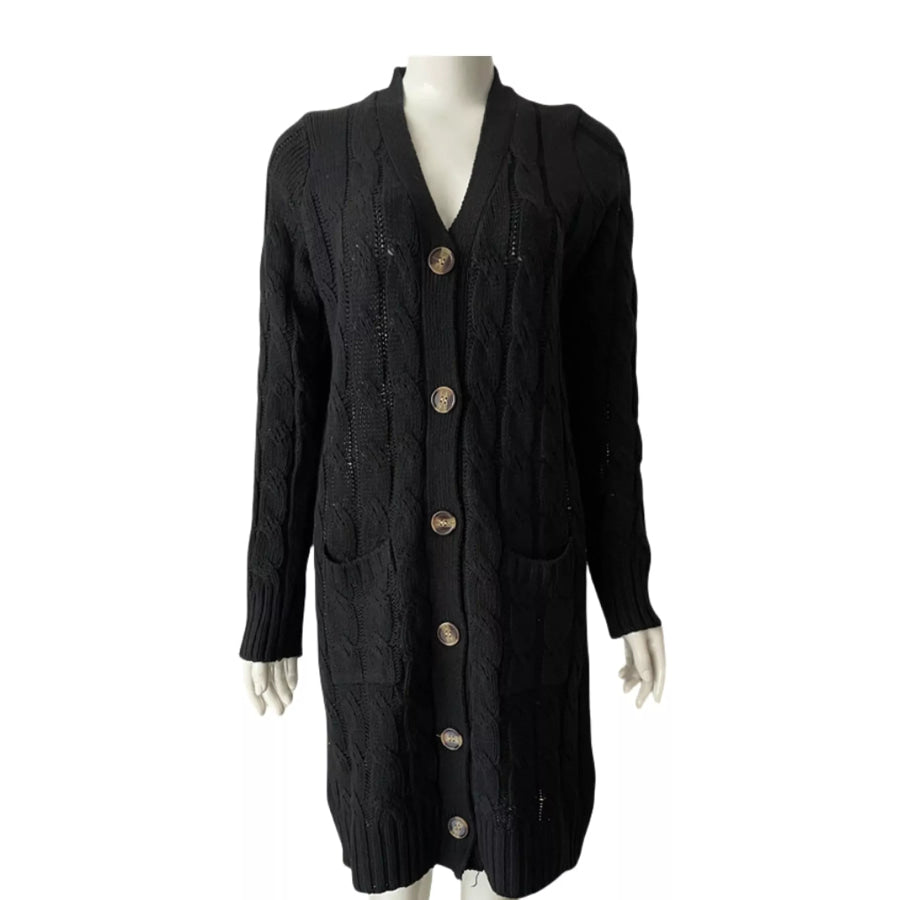 Full Size Long Sleeve Cable Knit Button-Down Cardigan with Pockets Plus Apparel and Accessories