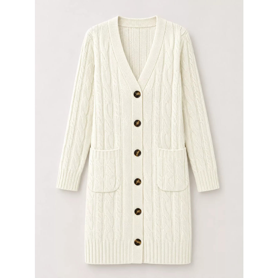 Full Size Long Sleeve Cable Knit Button-Down Cardigan with Pockets Plus Apparel and Accessories