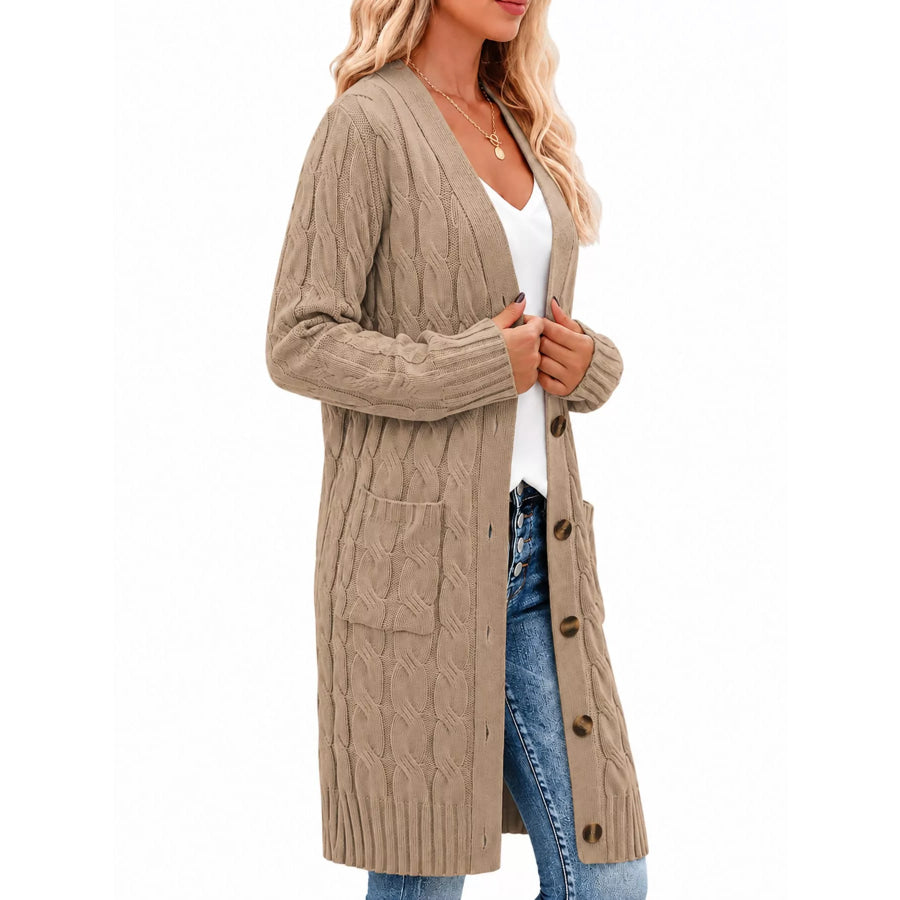 Full Size Long Sleeve Cable Knit Button-Down Cardigan with Pockets Plus Apparel and Accessories