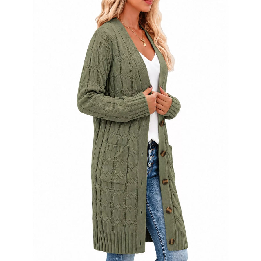 Full Size Long Sleeve Cable Knit Button-Down Cardigan with Pockets Plus Apparel and Accessories