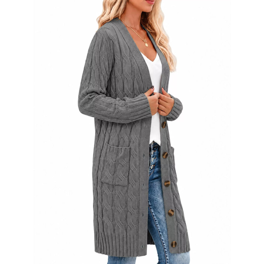 Full Size Long Sleeve Cable Knit Button-Down Cardigan with Pockets Plus Apparel and Accessories