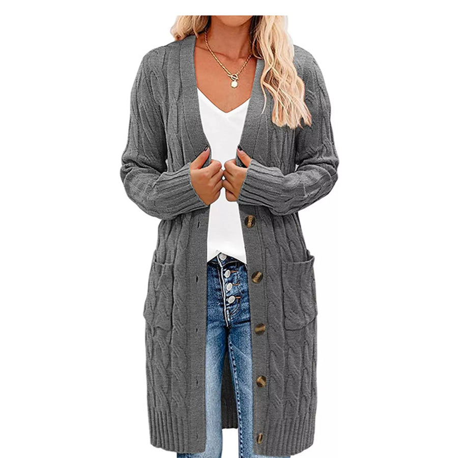 Full Size Long Sleeve Cable Knit Button-Down Cardigan with Pockets Plus Apparel and Accessories
